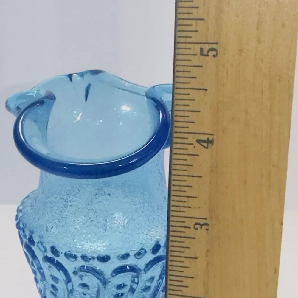 Pitcher Jug Kanawha Ice Colonial Blue Glass Mini UV Raised Loop Swirl Dots Wavy
